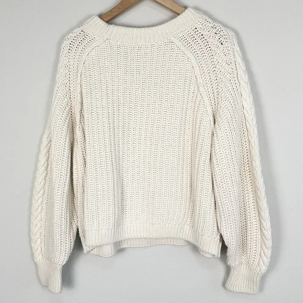 Free People Frankie Cotton Cable Knit Sweater Ivory Cream Medium EUC